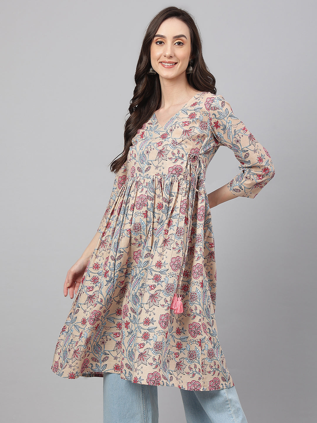Janasya Women's Beige Cotton Floral Printed Casual Angrakha Kurta - Distacart