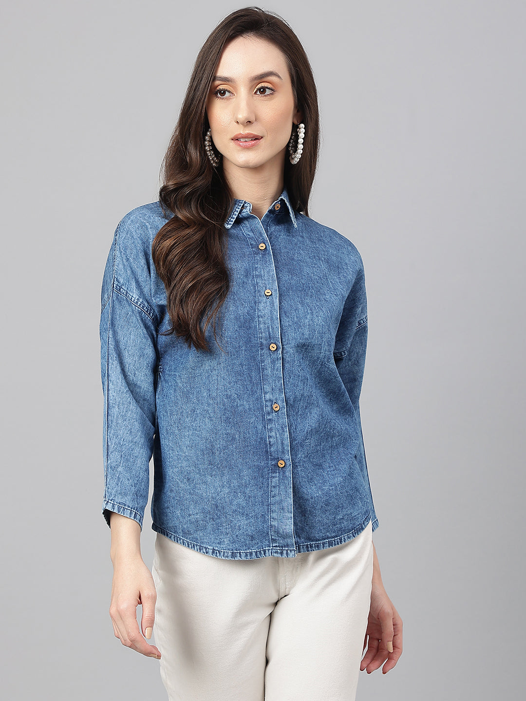 Janasya Women's Blue Denim Solid Shirt Style Top - Distacart