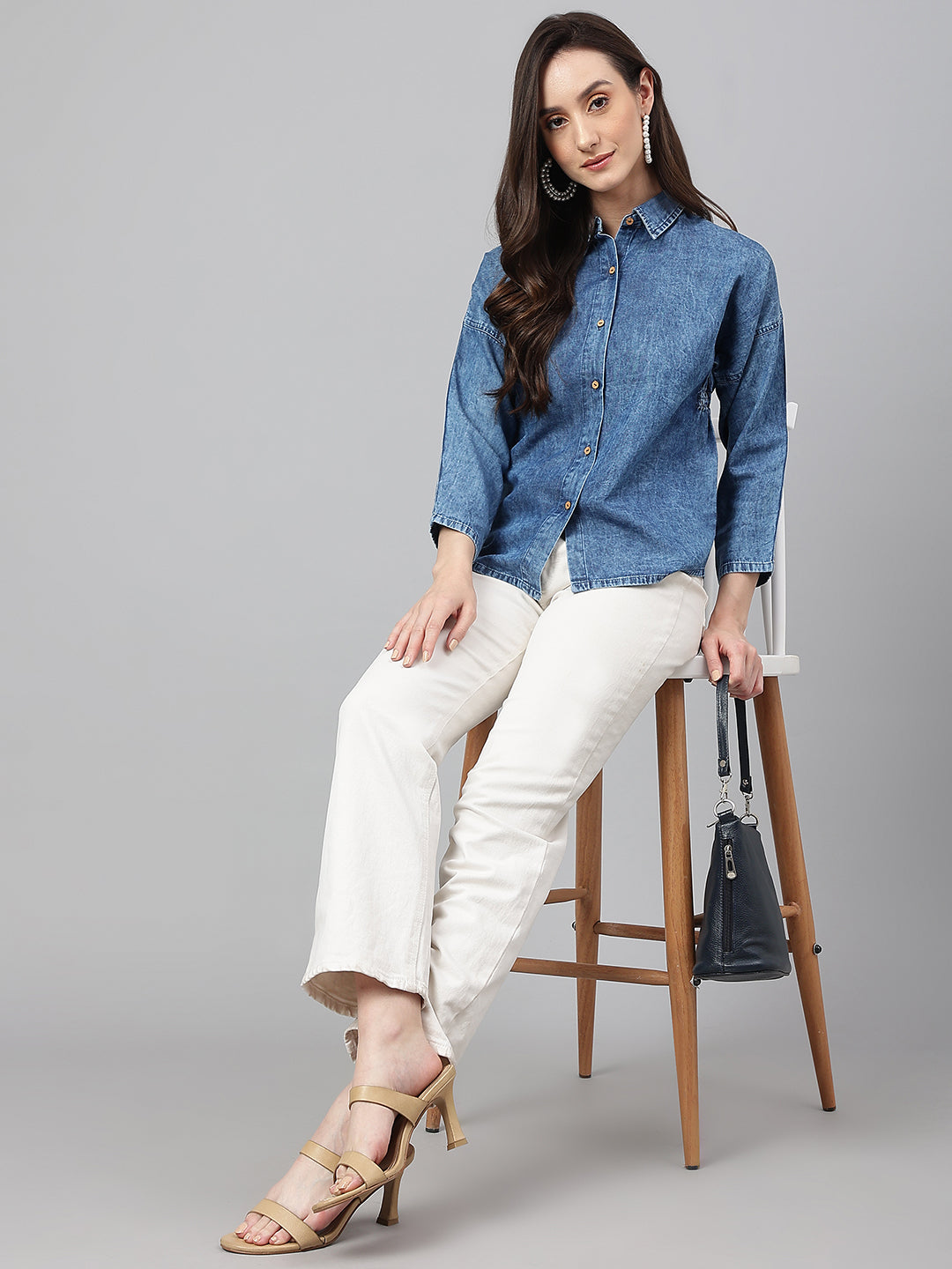 Janasya Women's Blue Denim Solid Shirt Style Top - Distacart