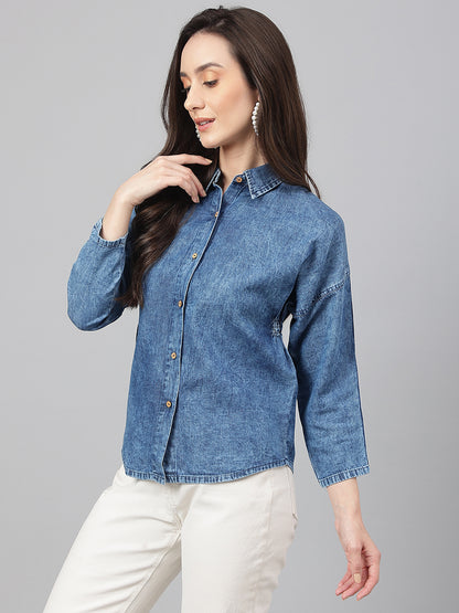Janasya Women's Blue Denim Solid Shirt Style Top - Distacart