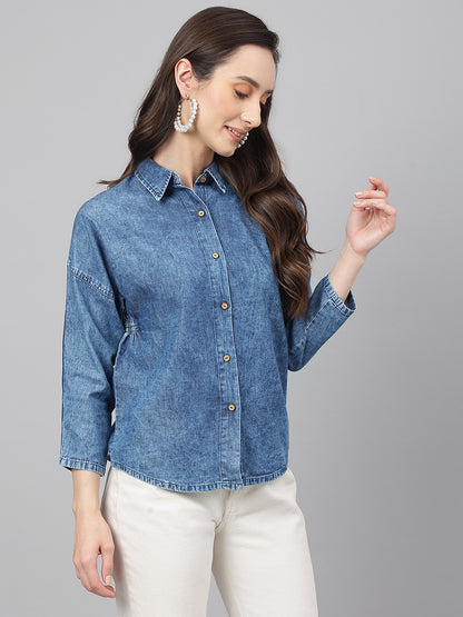 Janasya Women's Blue Denim Solid Shirt Style Top - Distacart