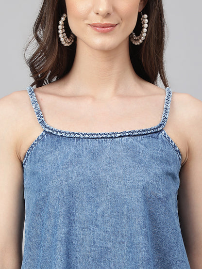 Janasya Women's Blue Denim Solid Regular Top - Distacart