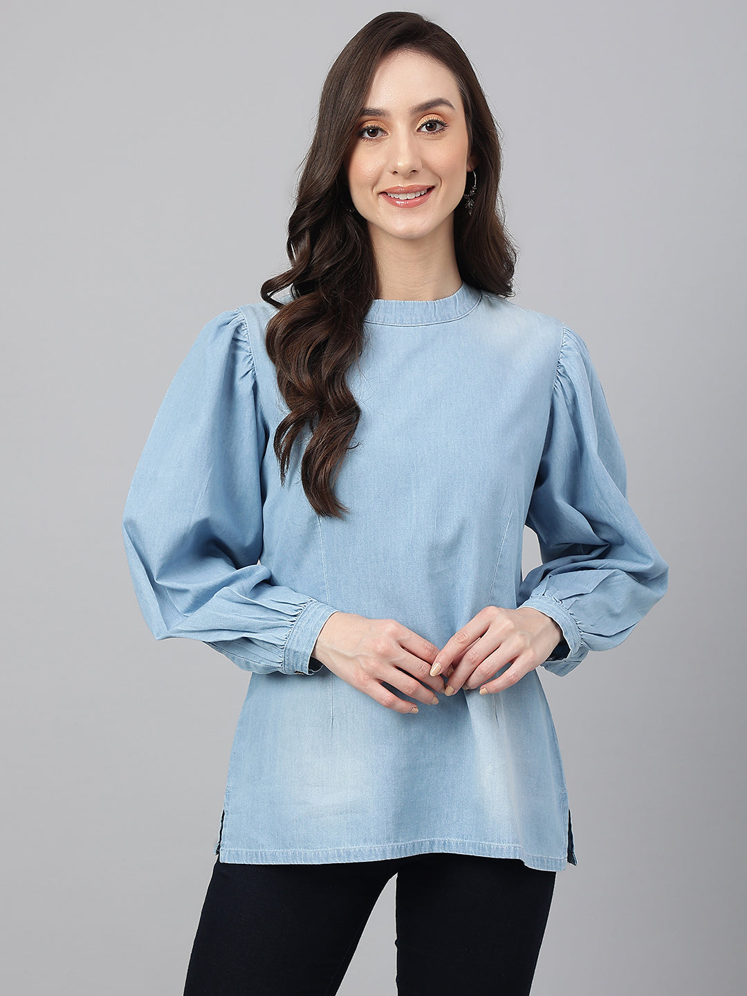 Janasya Women's Light Blue Denim Solid Regular Top - Distacart