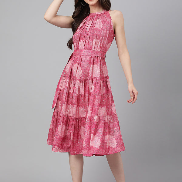 Janasya Women's Pink Crepe Digital Printed Tiered Western Dress - Distacart
