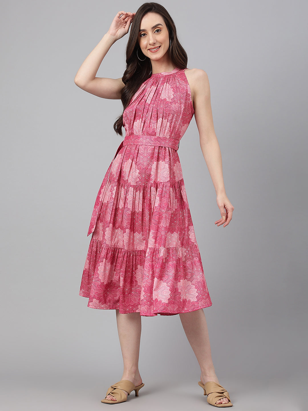 Janasya Women's Pink Crepe Digital Printed Tiered Western Dress - Distacart
