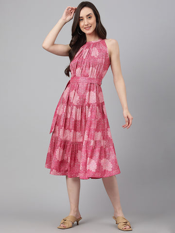 Janasya Women's Pink Crepe Digital Printed Tiered Western Dress - Distacart