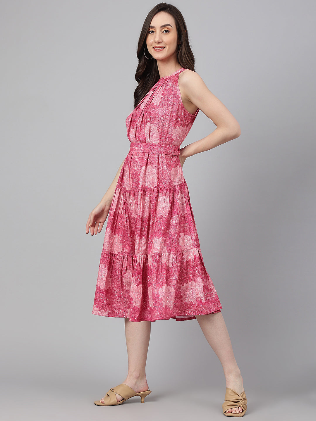 Janasya Women's Pink Crepe Digital Printed Tiered Western Dress - Distacart