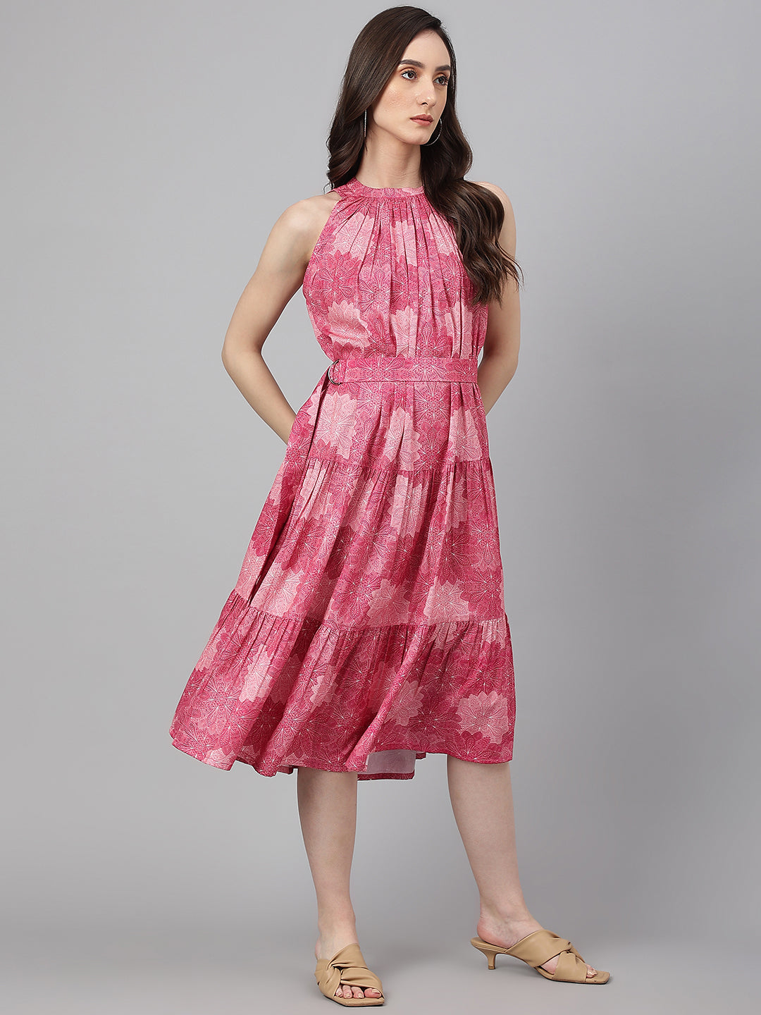 Janasya Women's Pink Crepe Digital Printed Tiered Western Dress - Distacart