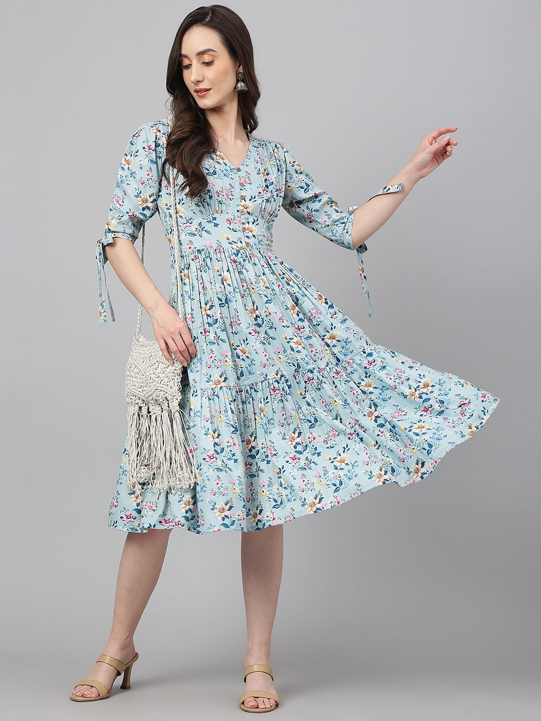 Janasya Women's Blue Crepe Digital Printed Flared Western Dress - Distacart