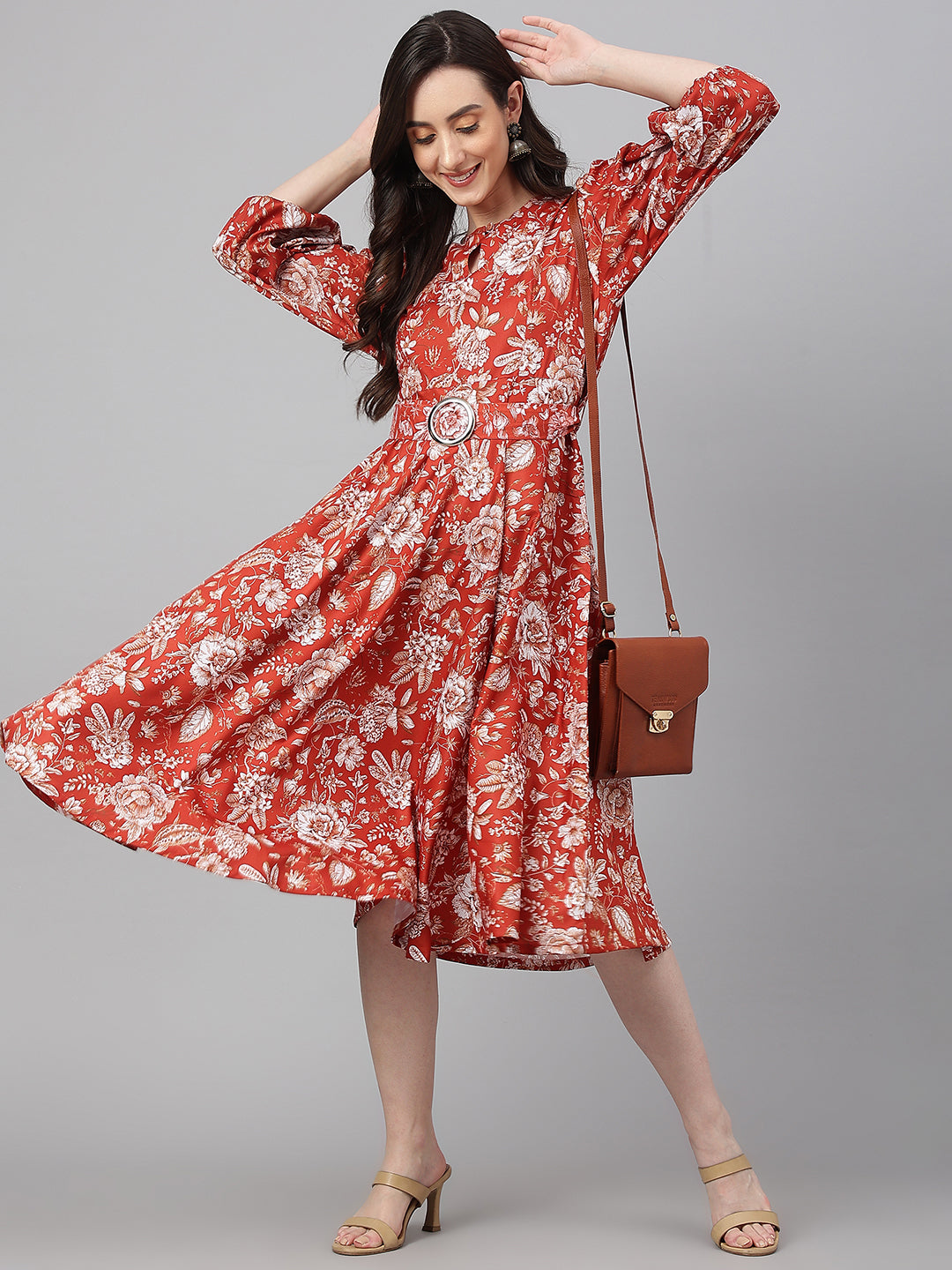 Janasya Women's Rust Crepe Digital Printed Flared Western Dress - Distacart