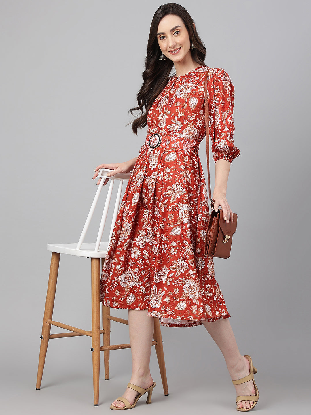 Janasya Women's Rust Crepe Digital Printed Flared Western Dress - Distacart