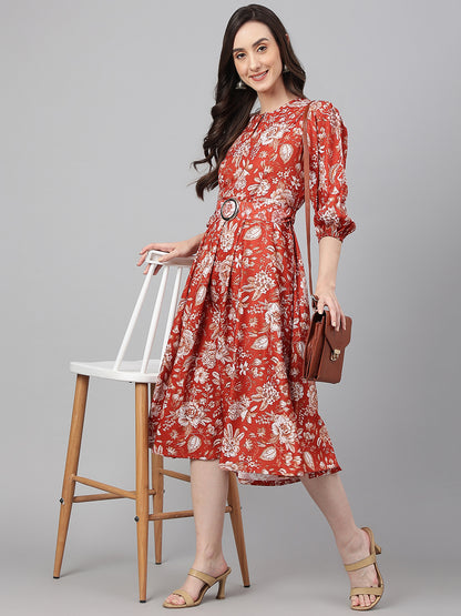 Janasya Women's Rust Crepe Digital Printed Flared Western Dress - Distacart