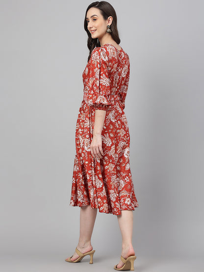 Janasya Women's Rust Crepe Digital Printed Flared Western Dress - Distacart