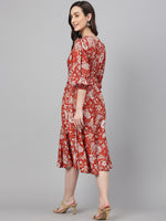 Thumbnail for Janasya Women's Rust Crepe Digital Printed Flared Western Dress - Distacart