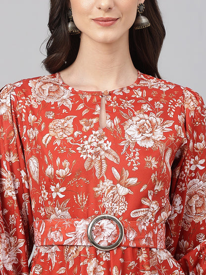 Janasya Women's Rust Crepe Digital Printed Flared Western Dress - Distacart