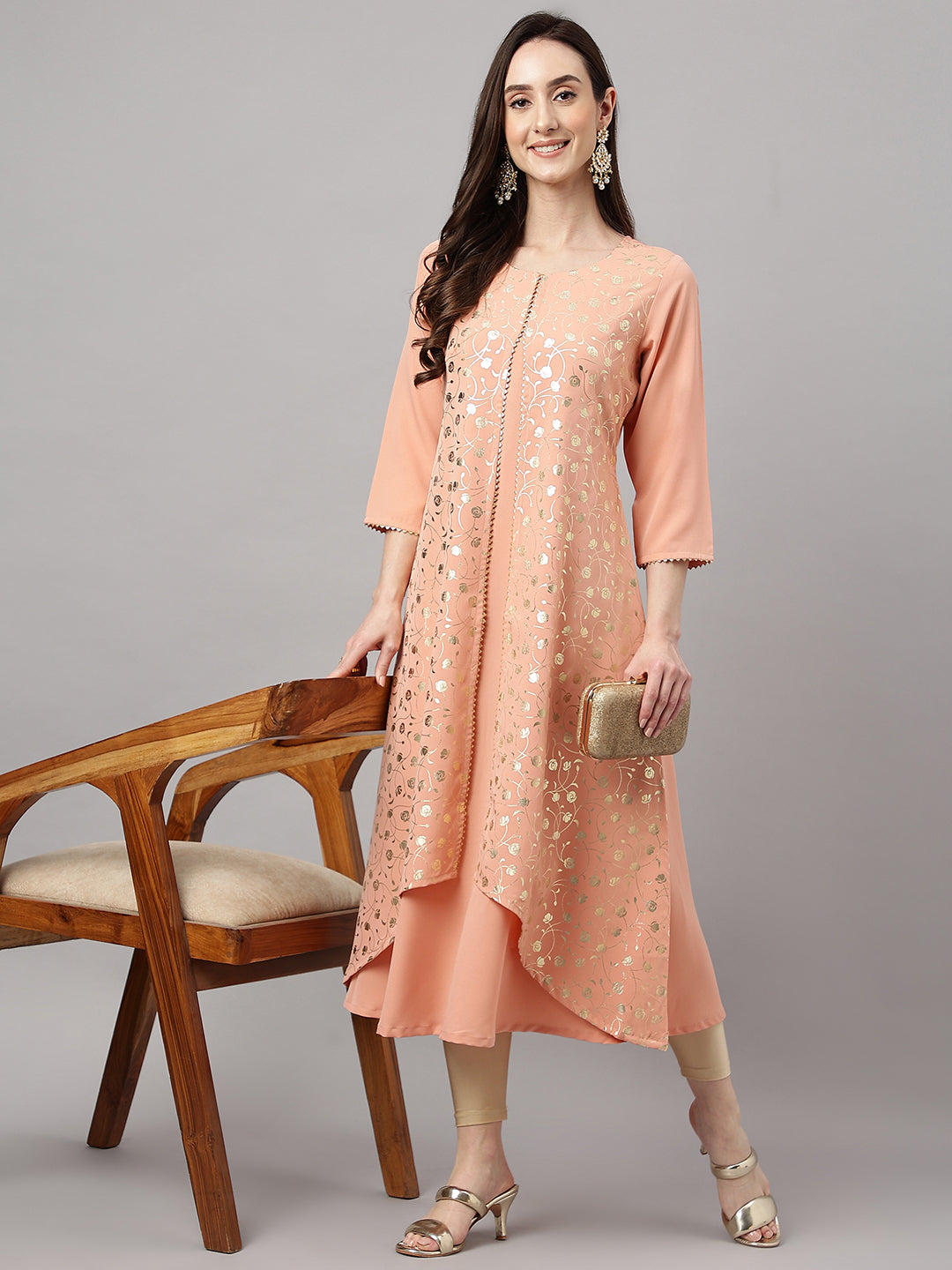 Janasya Women's Peach Crepe Foil Printed Casual Frontslit Kurta - Distacart