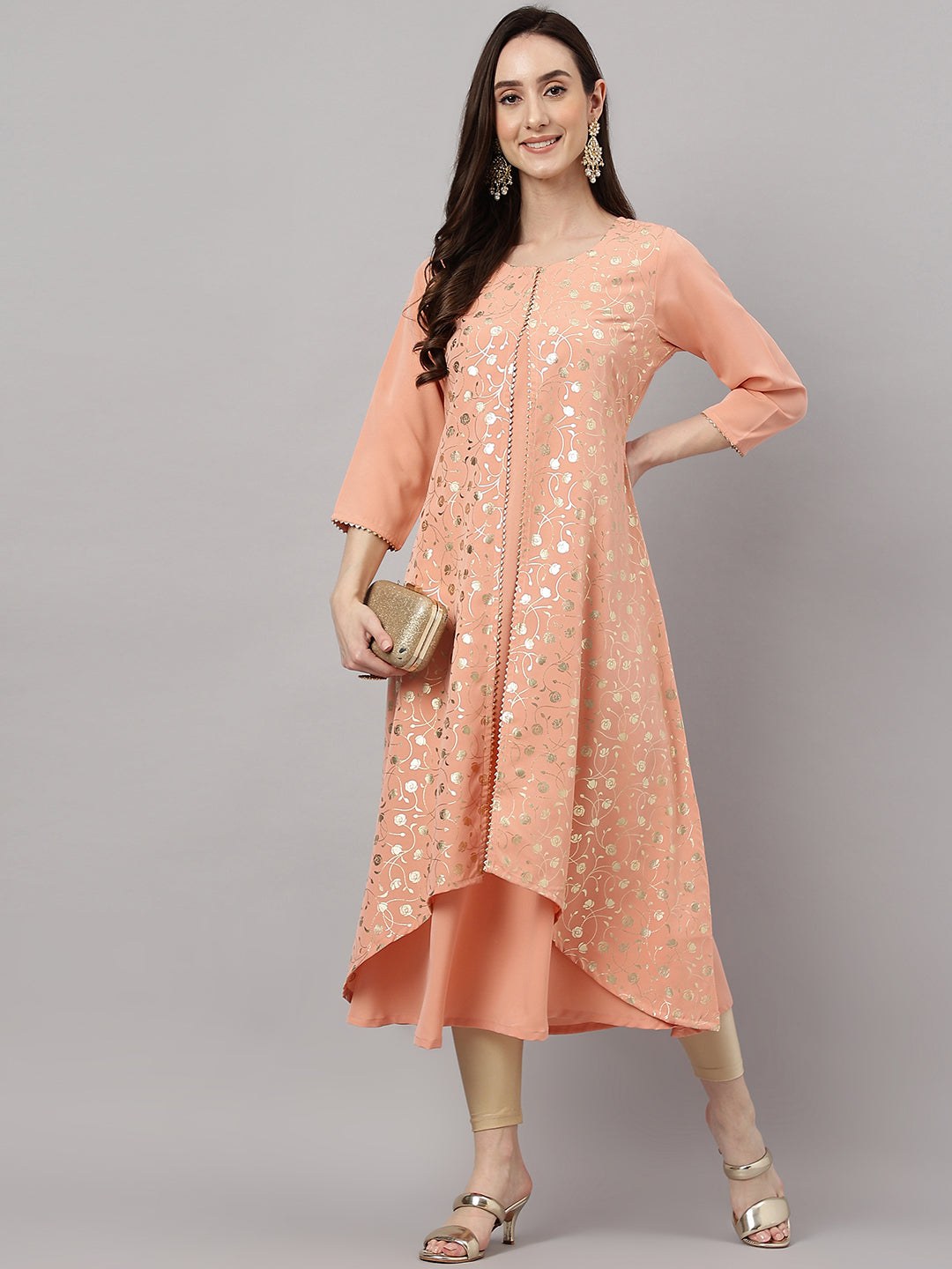 Janasya Women's Peach Crepe Foil Printed Casual Frontslit Kurta - Distacart