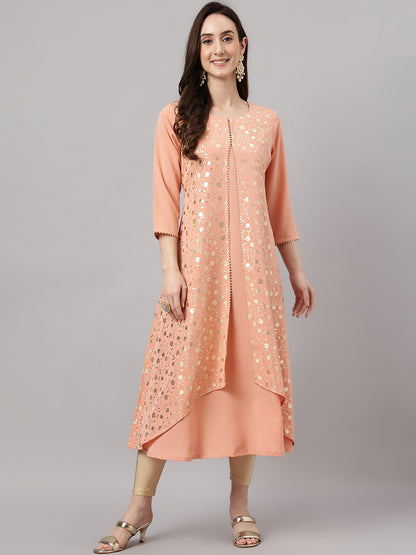 Janasya Women's Peach Crepe Foil Printed Casual Frontslit Kurta - Distacart