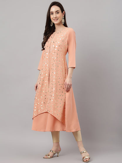 Janasya Women's Peach Crepe Foil Printed Casual Frontslit Kurta - Distacart