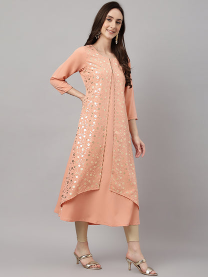 Janasya Women's Peach Crepe Foil Printed Casual Frontslit Kurta - Distacart