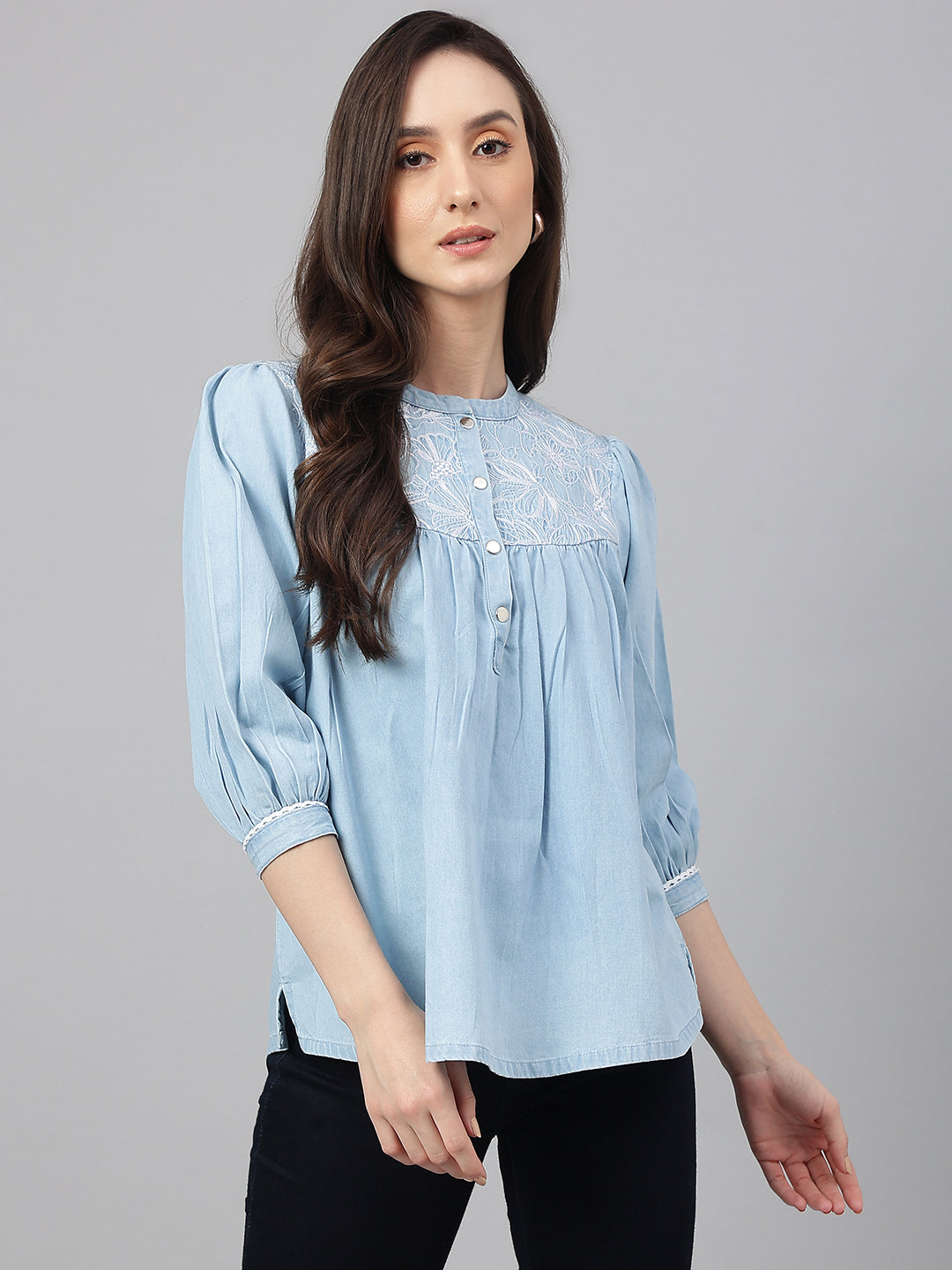 Janasya Women's Light Blue Denim Embroidered Flared Top - Distacart