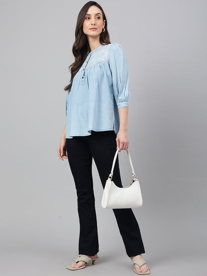 Janasya Women's Light Blue Denim Embroidered Flared Top - Distacart