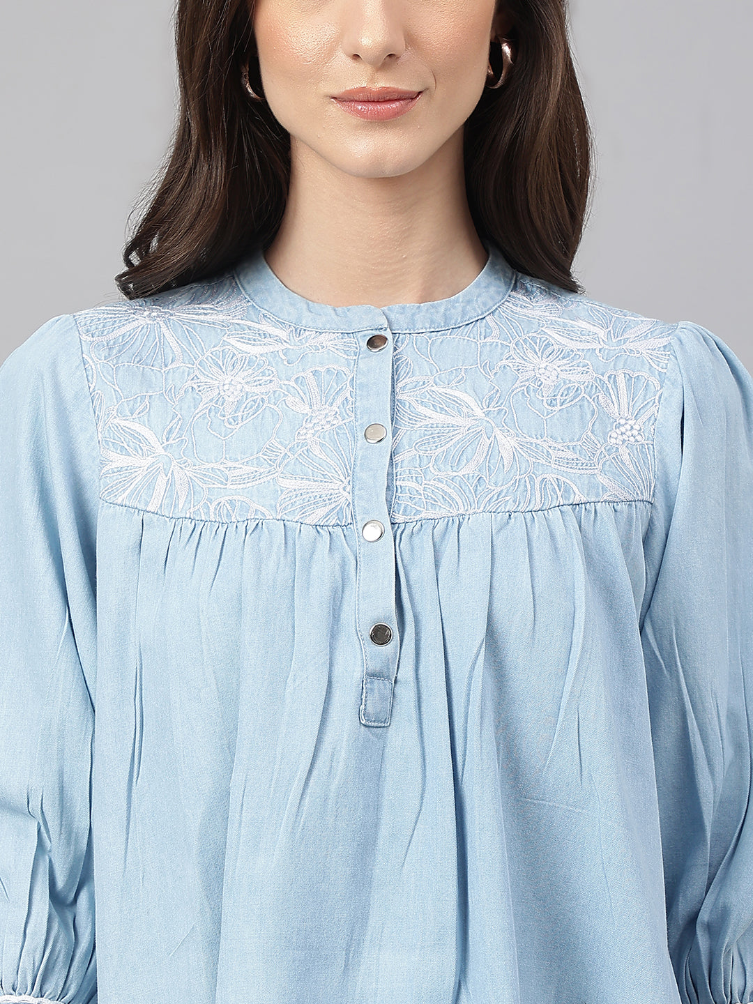Janasya Women's Light Blue Denim Embroidered Flared Top - Distacart
