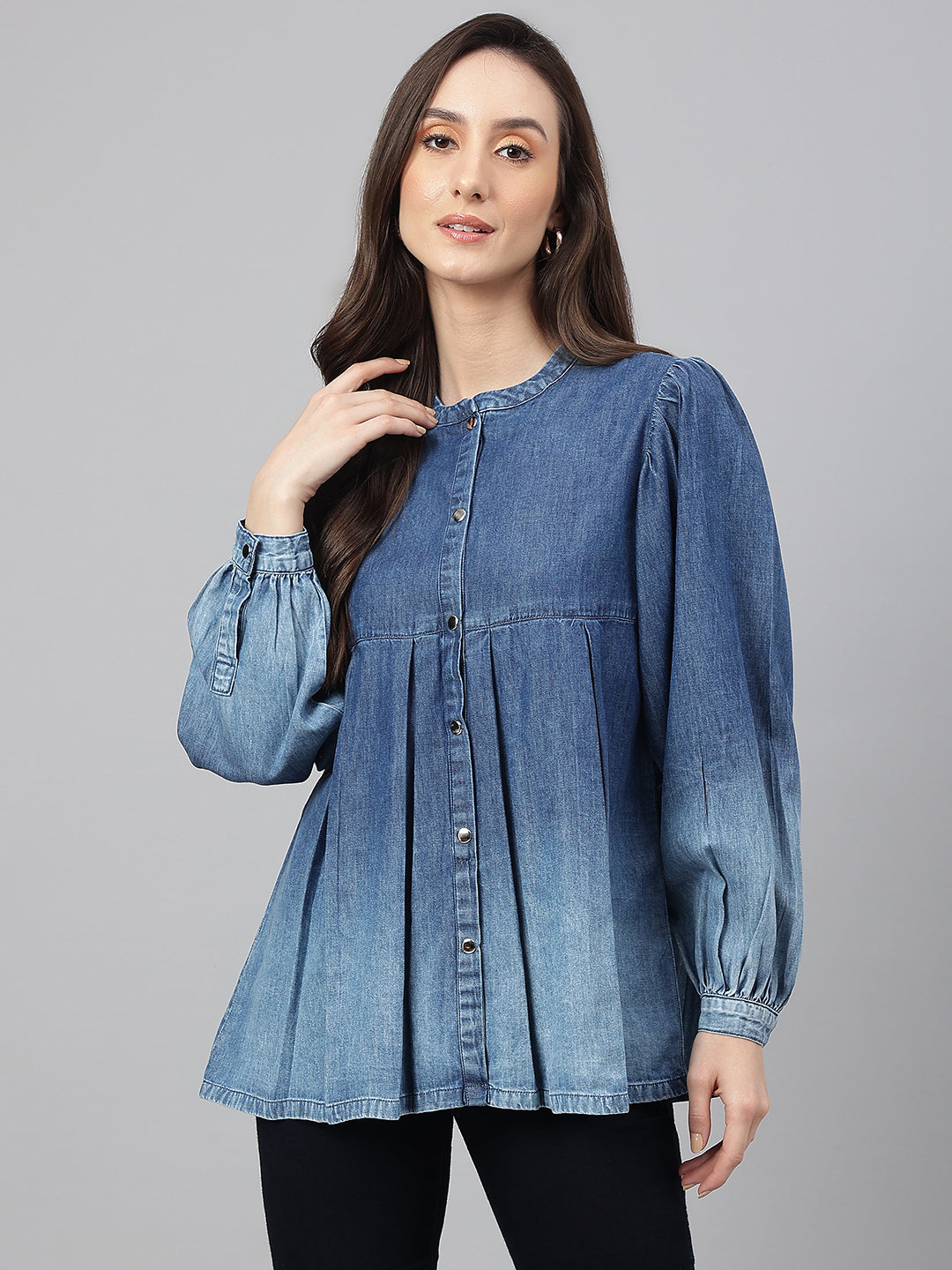 Janasya Women's Blue Denim Faded Flared Top - Distacart