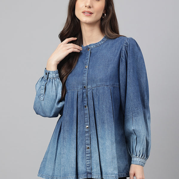 Janasya Women's Blue Denim Faded Flared Top - Distacart