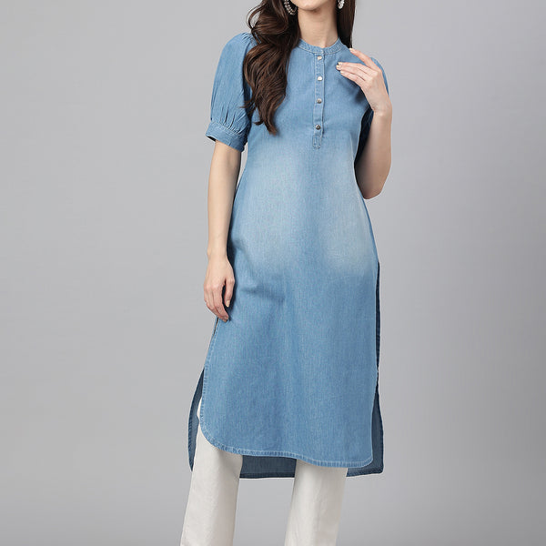 Janasya Women's Light Blue Denim Solid Casual High Low Kurta - Distacart