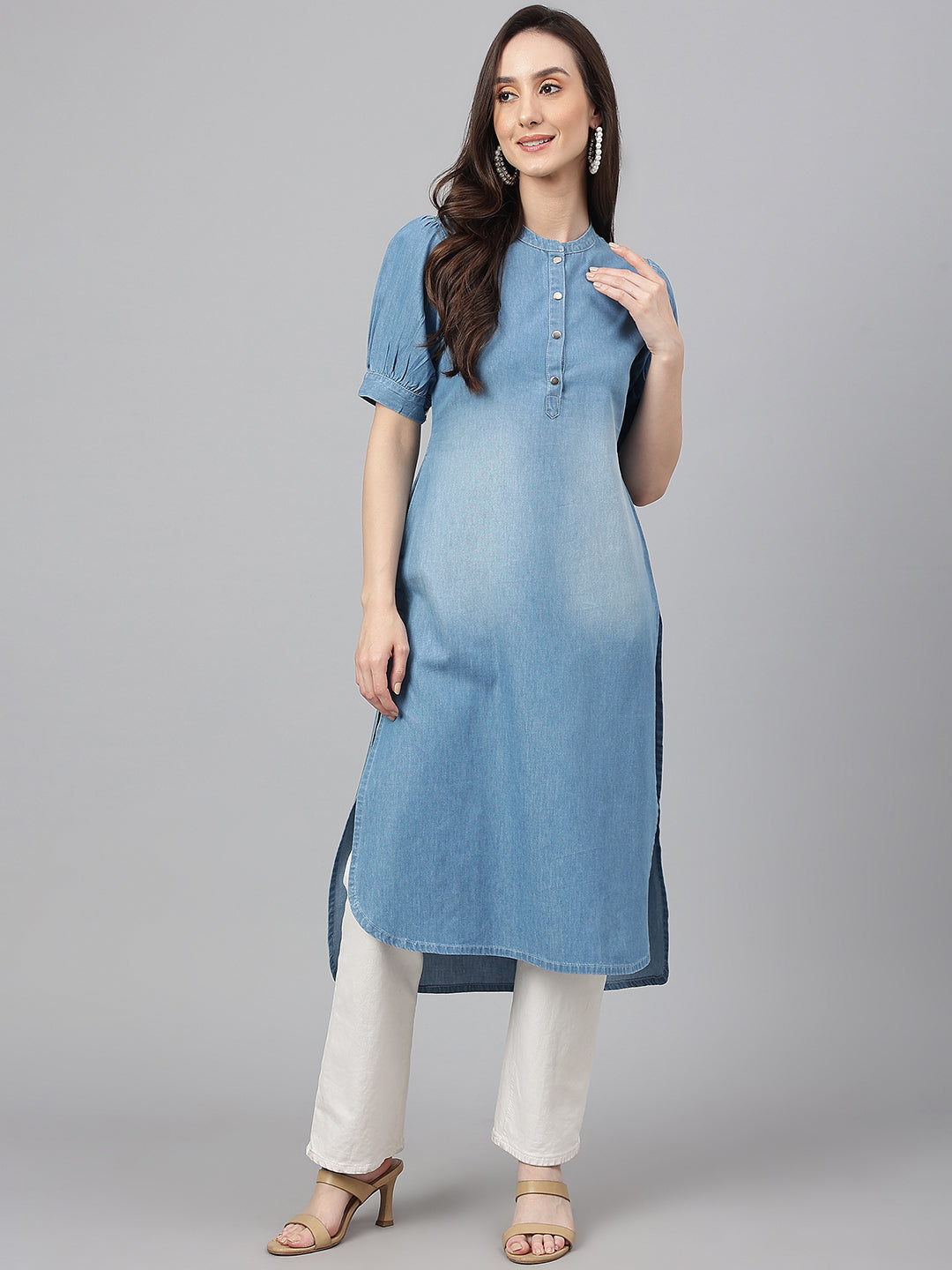 Janasya Women's Light Blue Denim Solid Casual High Low Kurta - Distacart
