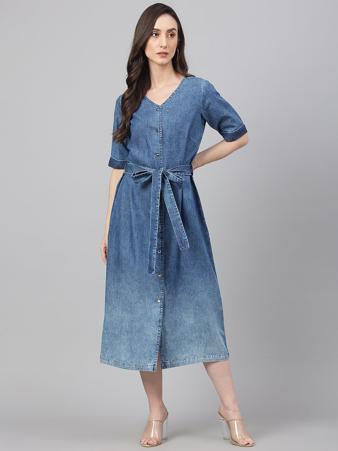 Janasya Women's Blue Denim Solid Straight Western Dress - Distacart