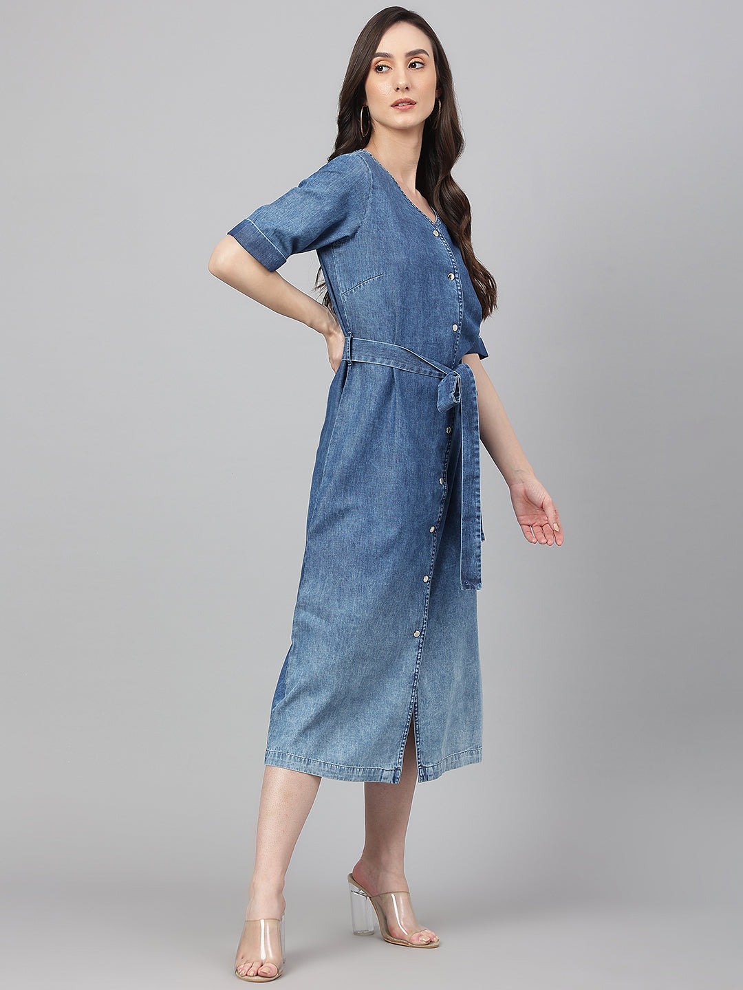 Janasya Women's Blue Denim Solid Straight Western Dress - Distacart
