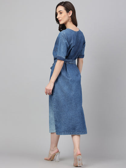 Janasya Women's Blue Denim Solid Straight Western Dress - Distacart