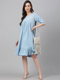 Thumbnail for Janasya Women's Light Blue Denim Solid Flared Western Dress - Distacart