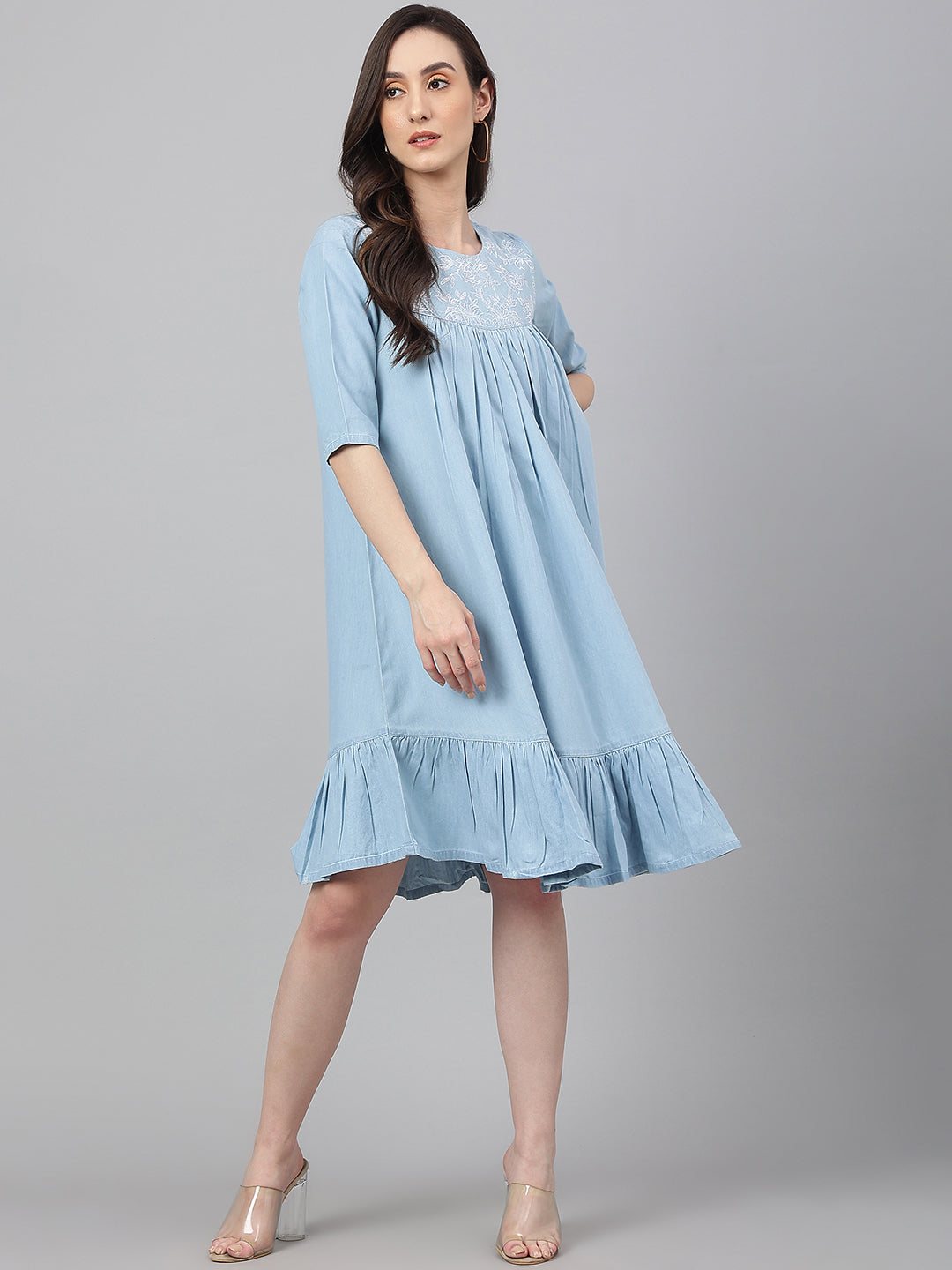 Janasya Women's Light Blue Denim Solid Flared Western Dress - Distacart