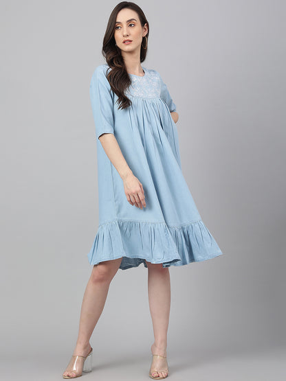 Janasya Women's Light Blue Denim Solid Flared Western Dress - Distacart