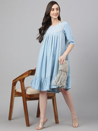 Thumbnail for Janasya Women's Light Blue Denim Solid Flared Western Dress - Distacart