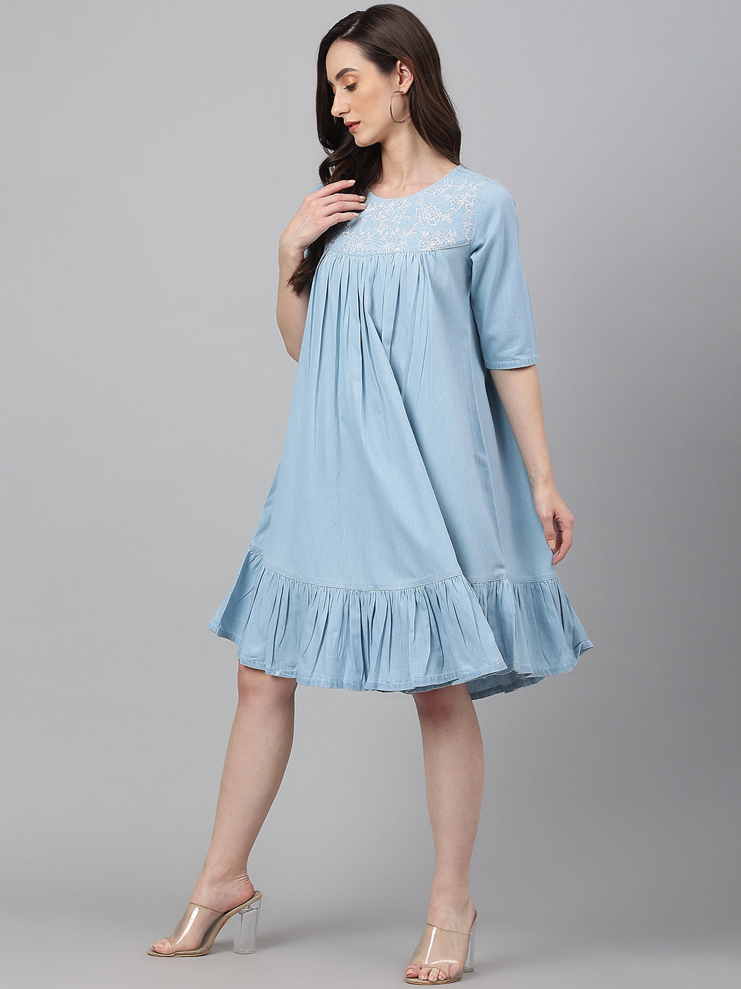 Janasya Women's Light Blue Denim Solid Flared Western Dress - Distacart
