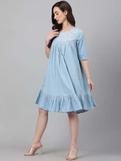 Janasya Women's Light Blue Denim Solid Flared Western Dress - Distacart
