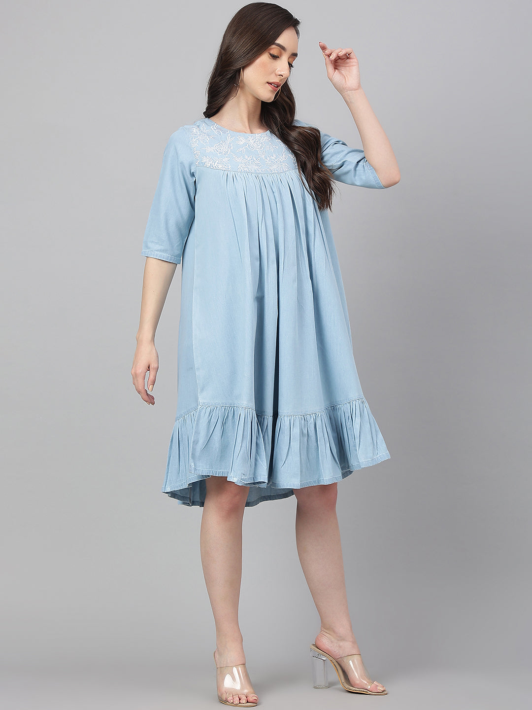 Janasya Women's Light Blue Denim Solid Flared Western Dress - Distacart