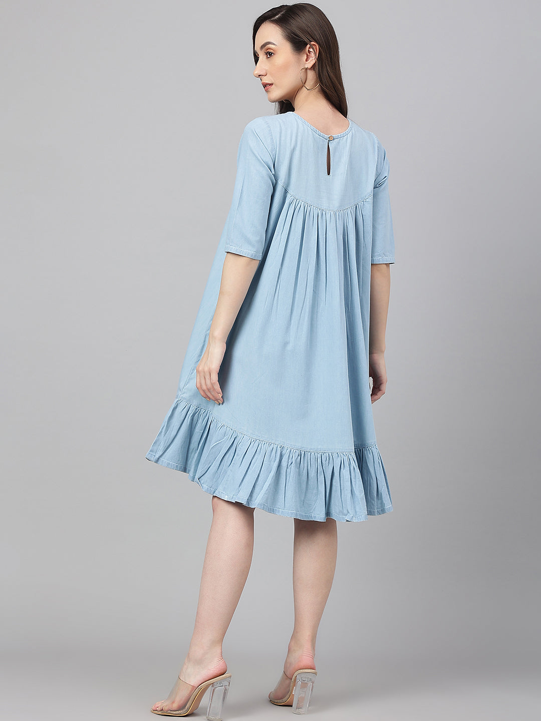 Janasya Women's Light Blue Denim Solid Flared Western Dress - Distacart
