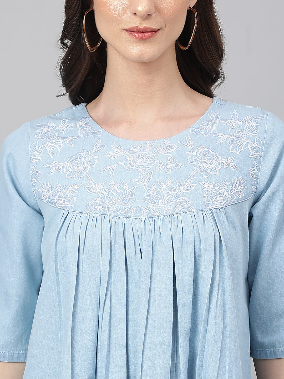 Janasya Women's Light Blue Denim Solid Flared Western Dress - Distacart