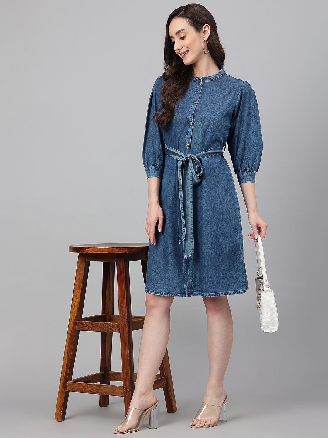 Janasya Women's Blue Denim Solid Straight Western Dress - Distacart