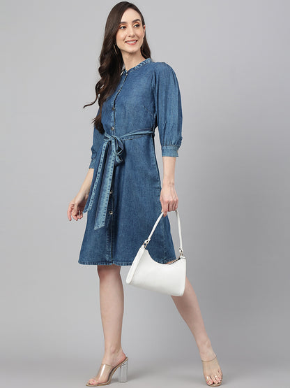 Janasya Women's Blue Denim Solid Straight Western Dress - Distacart