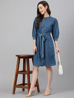 Thumbnail for Janasya Women's Blue Denim Solid Straight Western Dress - Distacart