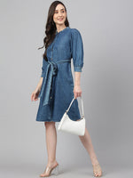 Thumbnail for Janasya Women's Blue Denim Solid Straight Western Dress - Distacart