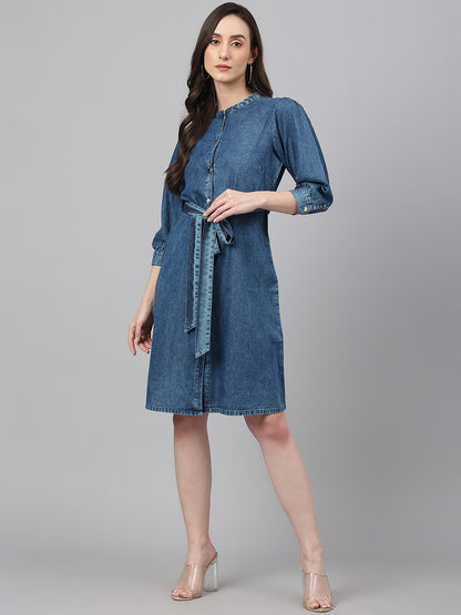 Janasya Women's Blue Denim Solid Straight Western Dress - Distacart