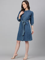 Thumbnail for Janasya Women's Blue Denim Solid Straight Western Dress - Distacart