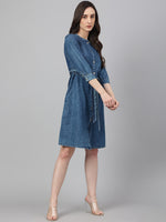 Thumbnail for Janasya Women's Blue Denim Solid Straight Western Dress - Distacart